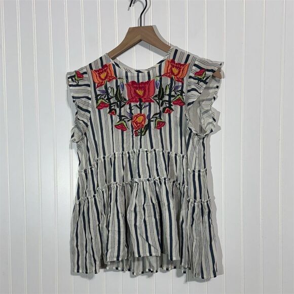 THML Embroidered Striped Peplum Top Medium Blue White Boho Festival Tassel - Picture 1 of 8